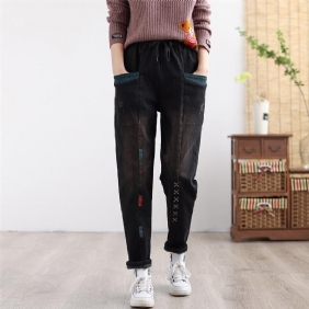 Dame Vinter Thicken Retro Brodert Patchwork Elastiske Jeans