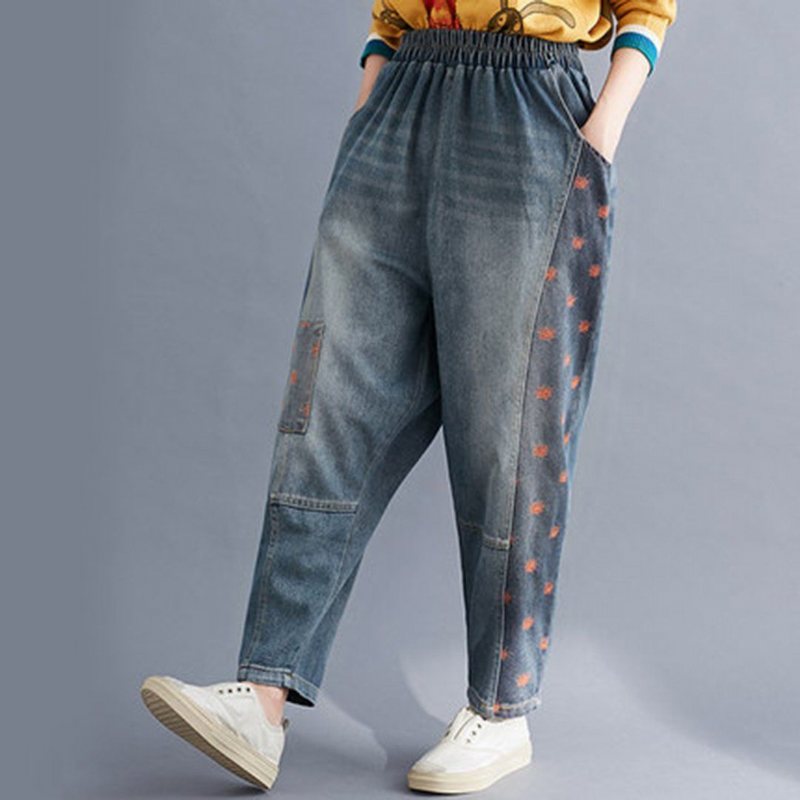 Elastisk Midje Patchwork Denim Harem Bukser