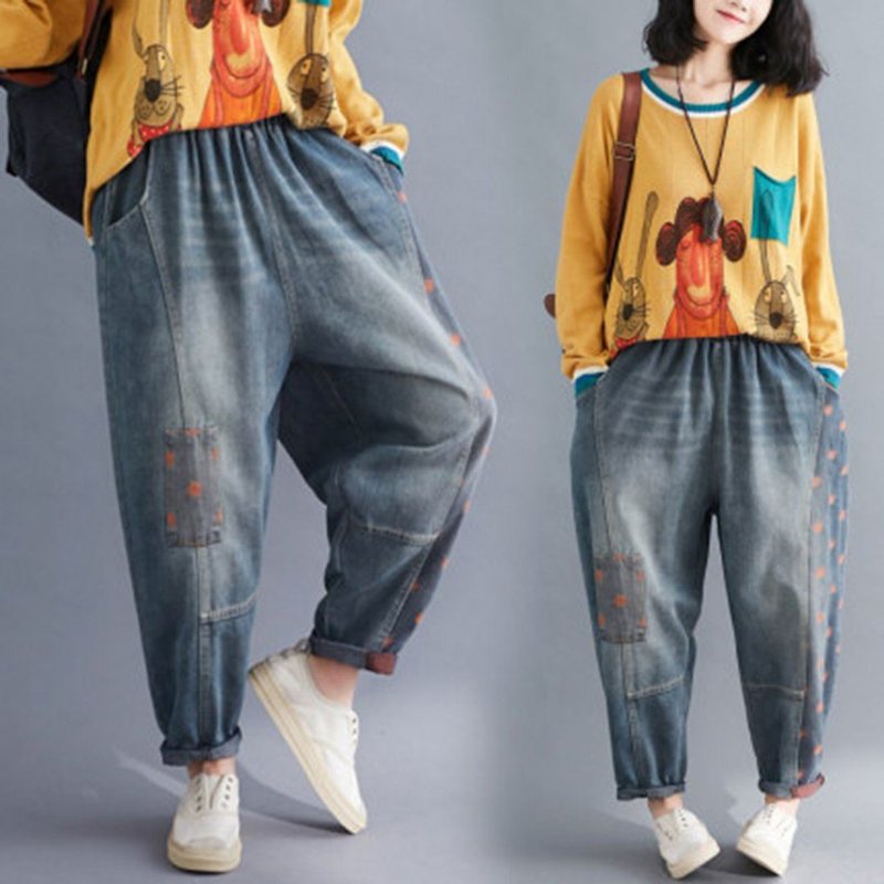 Elastisk Midje Patchwork Denim Harem Bukser