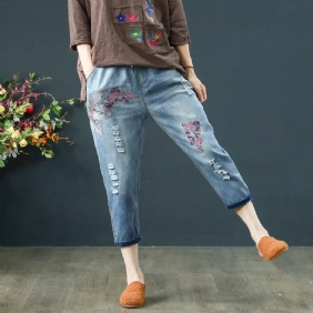 Floral Brodery Distressed Elastisk Midjebukser