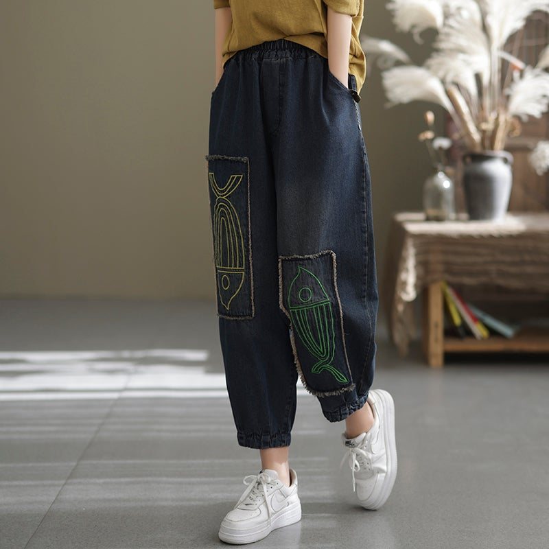 Kvinner Casual Spring Fish Brodery Cotton Jeans