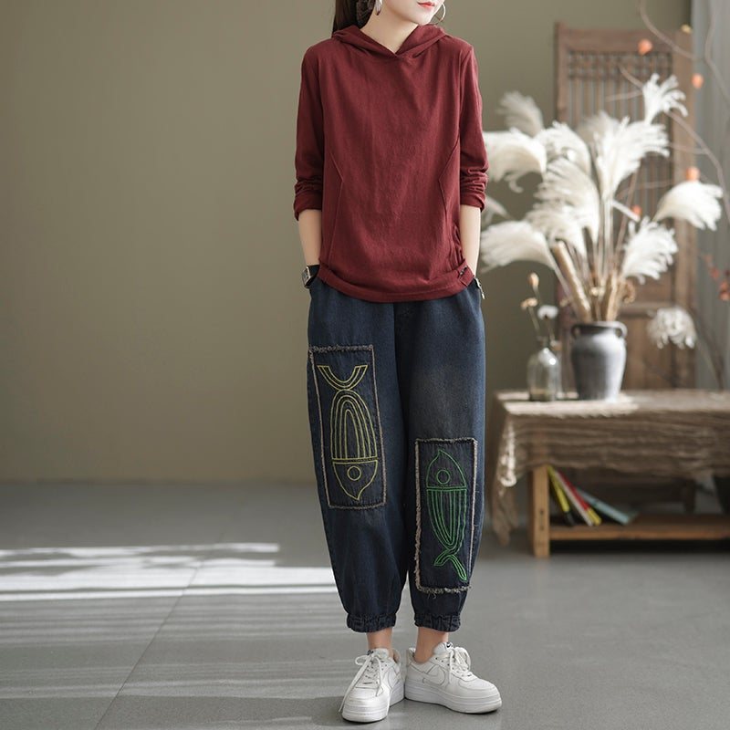 Kvinner Casual Spring Fish Brodery Cotton Jeans