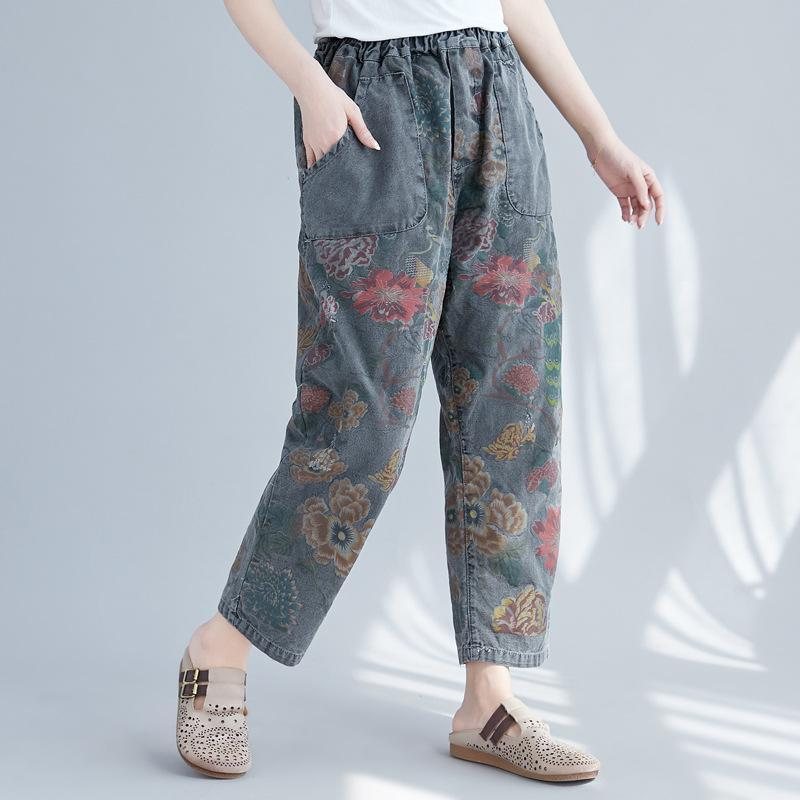 Kvinner Casual Spring Vintage Floral Printed Gathered Bukser