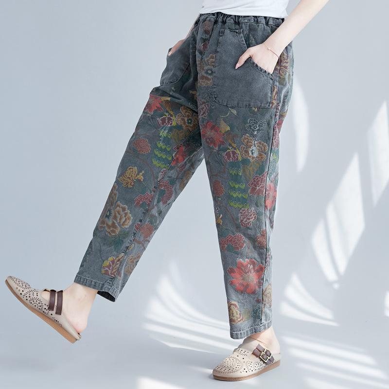 Kvinner Casual Spring Vintage Floral Printed Gathered Bukser