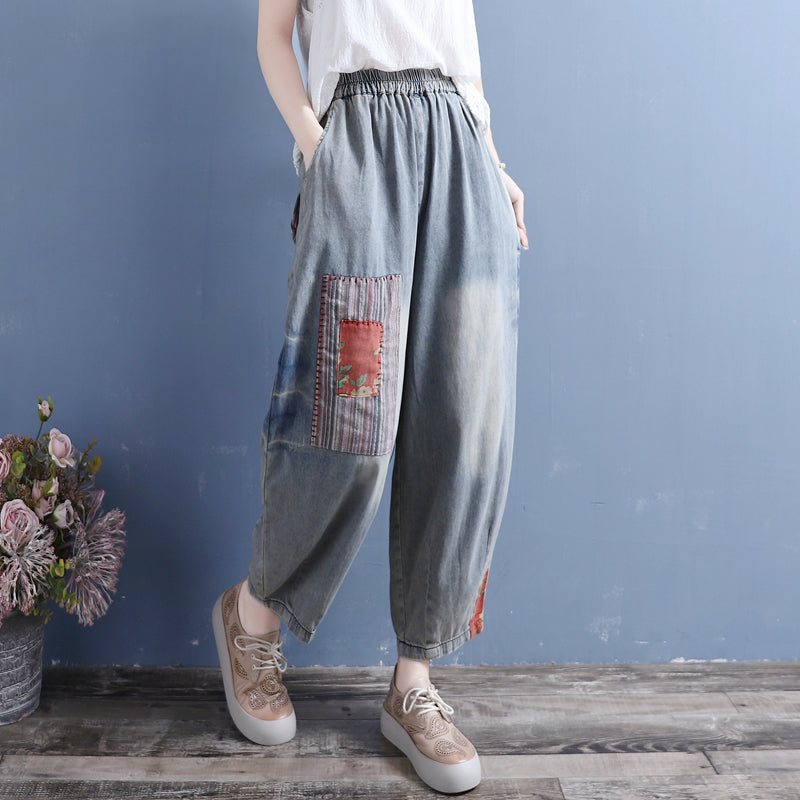 Kvinner Retro Patchwork Uformell Løse Tynne Sommerjeans