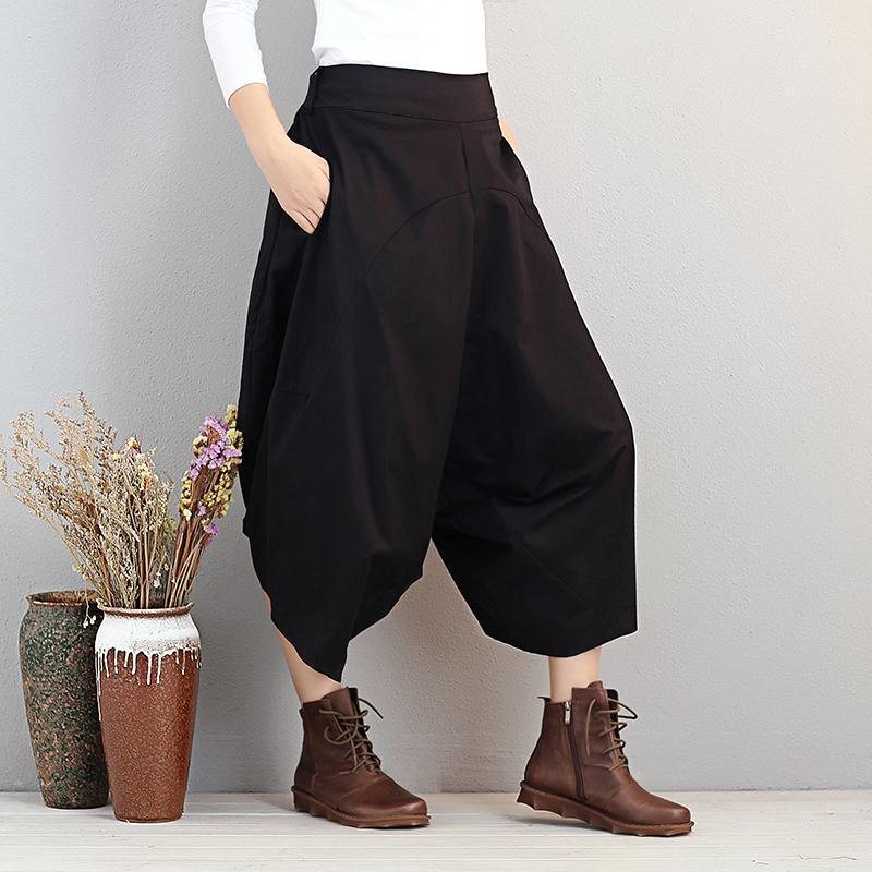 Løse Kvinner Casual Cotton Irregular Black Lantern Pants