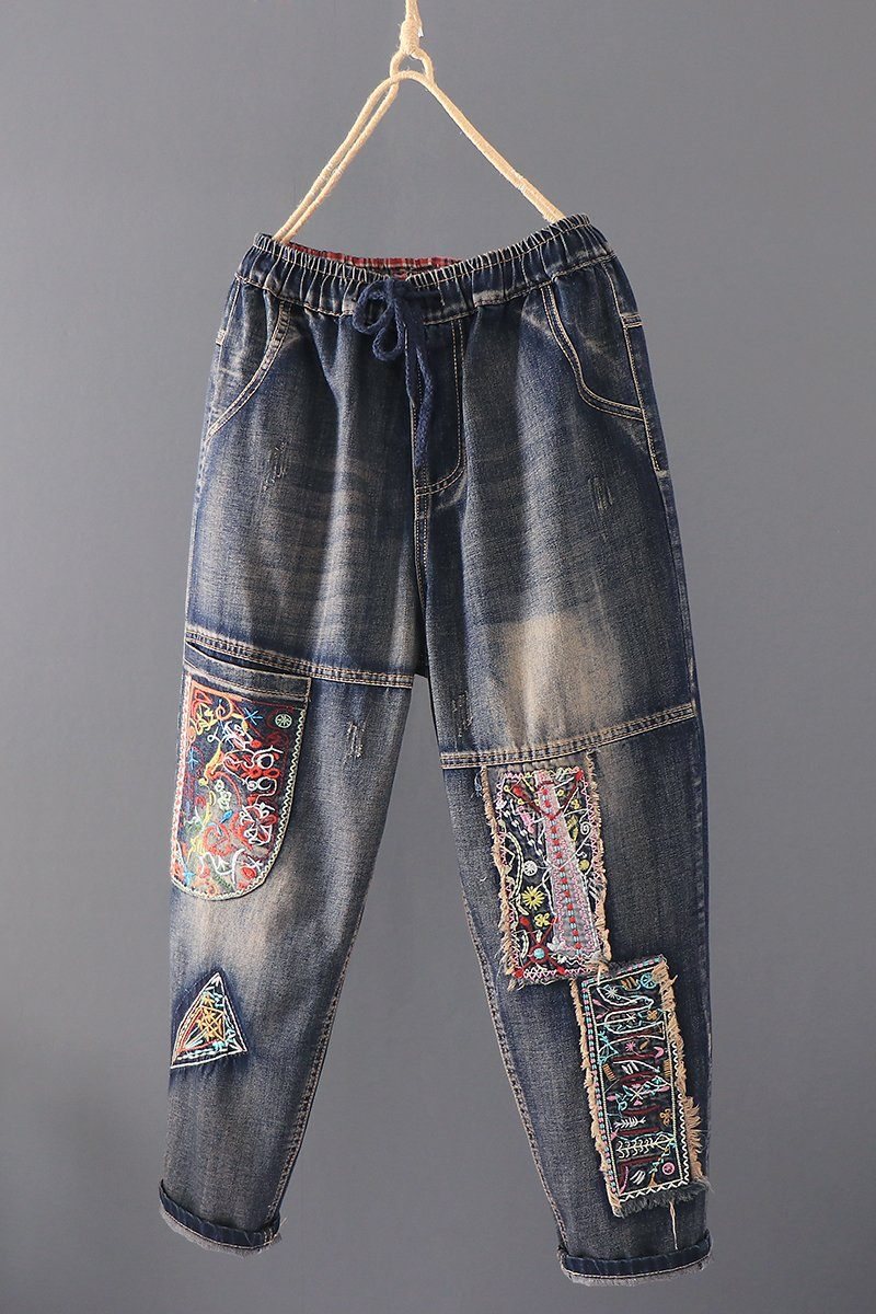 Patch Retro Løs Casual Straight Denimbukser