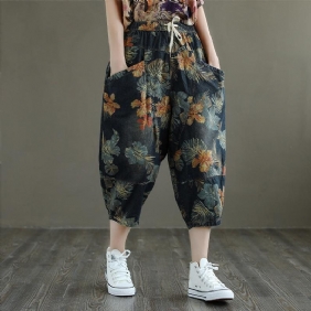 Plus Size Loose Retro Floral Printed Denimbukser