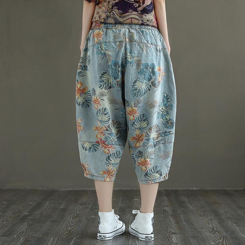 Plus Size Loose Retro Floral Printed Denimbukser