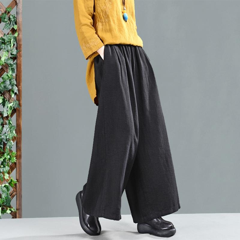 Retro Bomull Lin Dame Casual Wide Leg Bukser