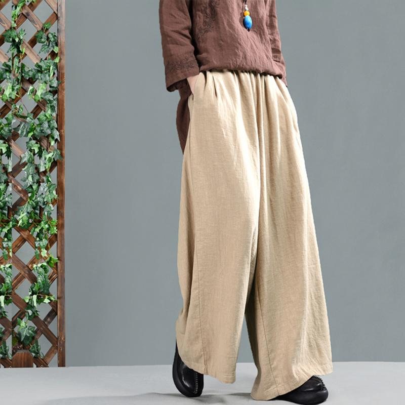 Retro Bomull Lin Dame Casual Wide Leg Bukser