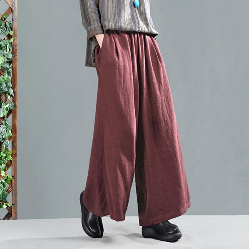 Retro Bomull Lin Dame Casual Wide Leg Bukser