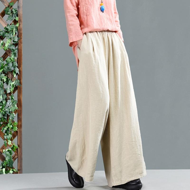 Retro Bomull Lin Dame Casual Wide Leg Bukser