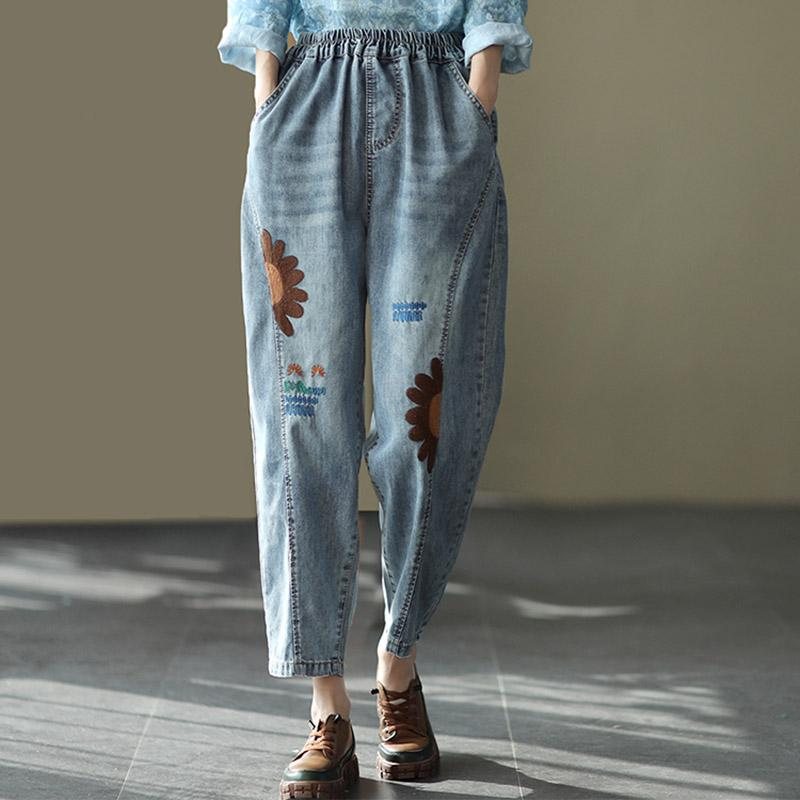 Retro Brodert Løse Harem Denimbukser