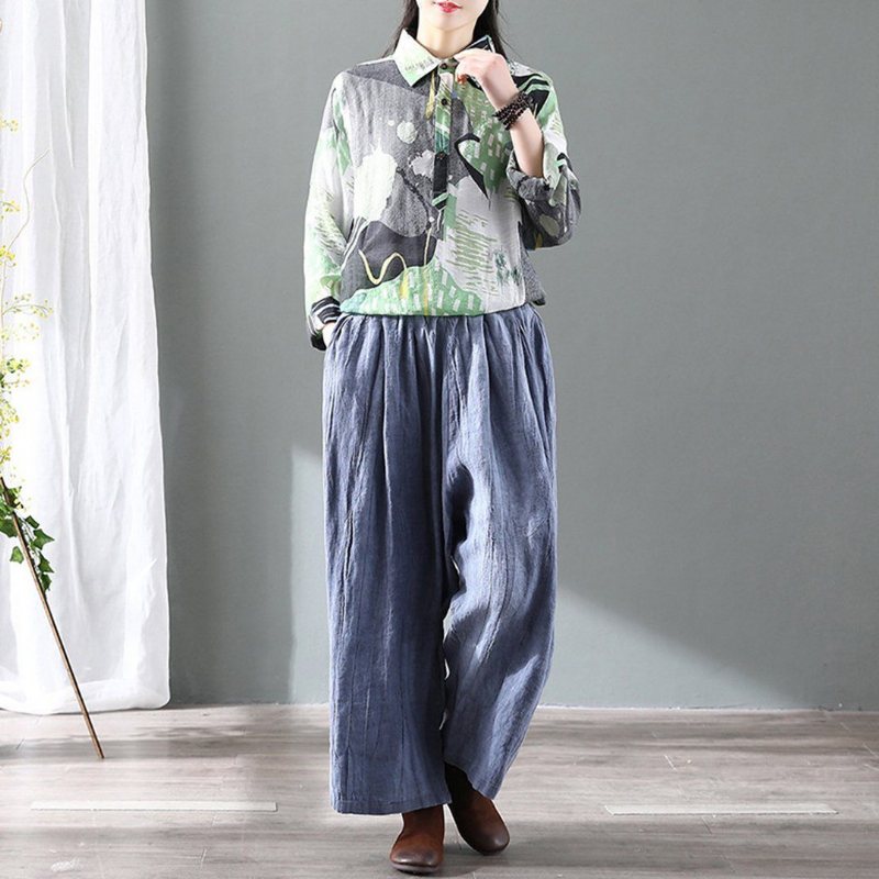 Retro Distressed Wide Leg Lin Bukser For Dame