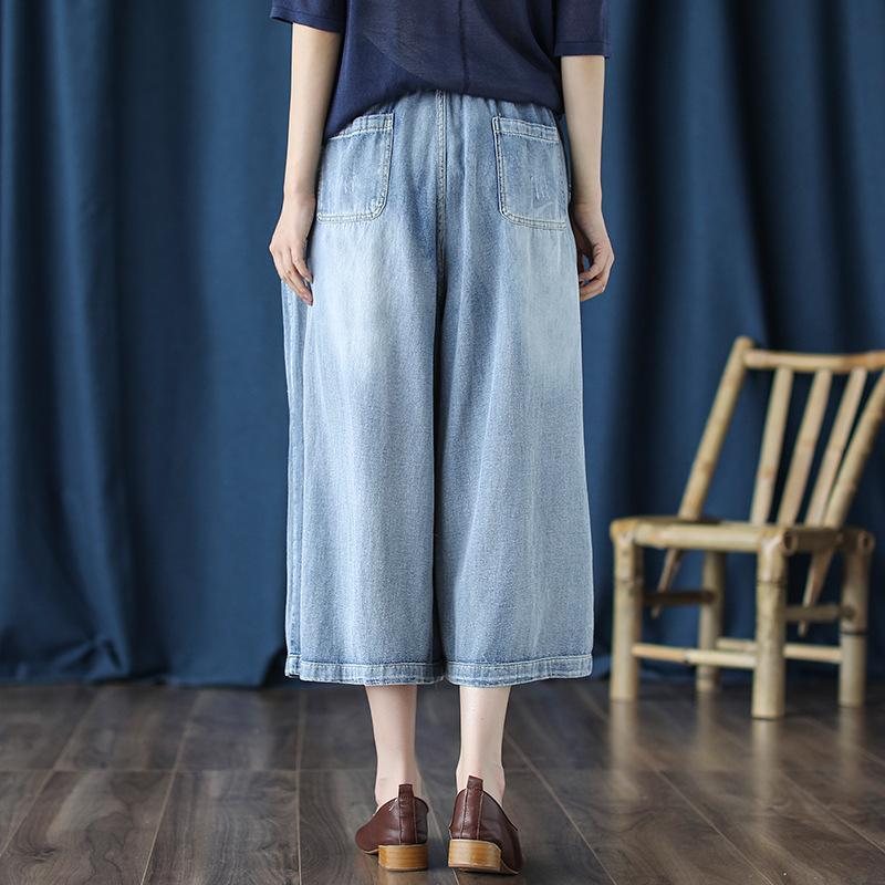 Retro Jeans Brodert Cropped Wide-leg Bukser