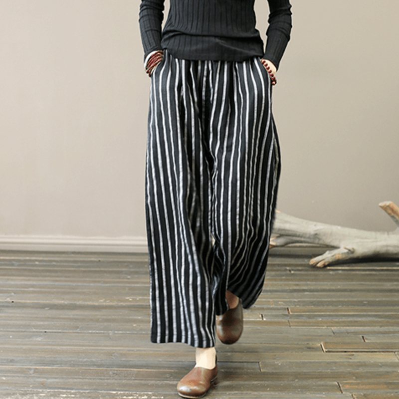 Retro Lin Stripe Loose Wide Leg Bukser