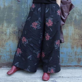 Retro Print Wide Leg Bukser Bomulls Tykke Vinterbukser