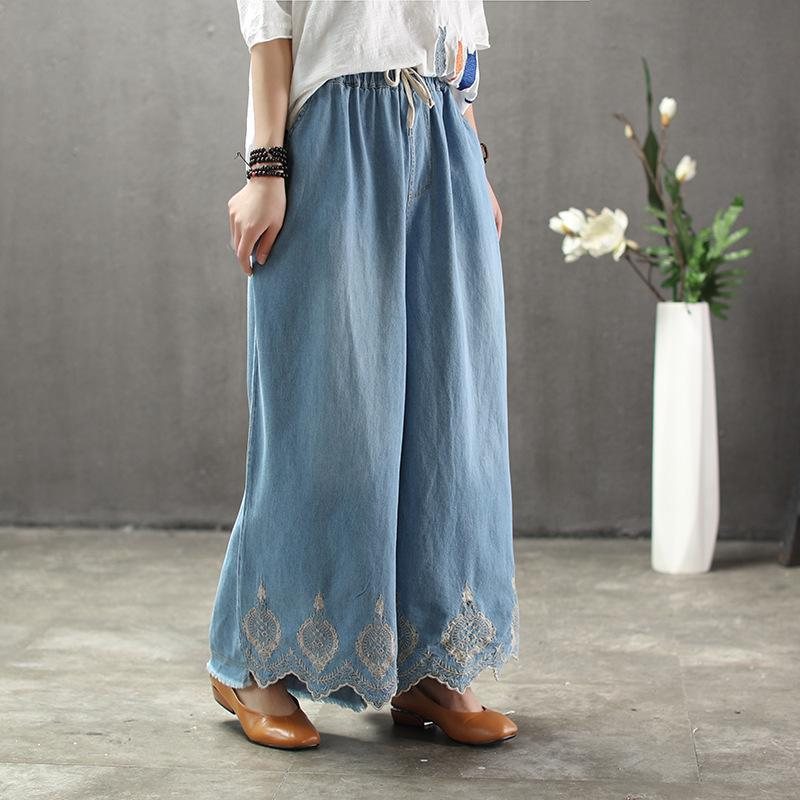 Solid Brodery Sand Wash Wide Leg Bukser