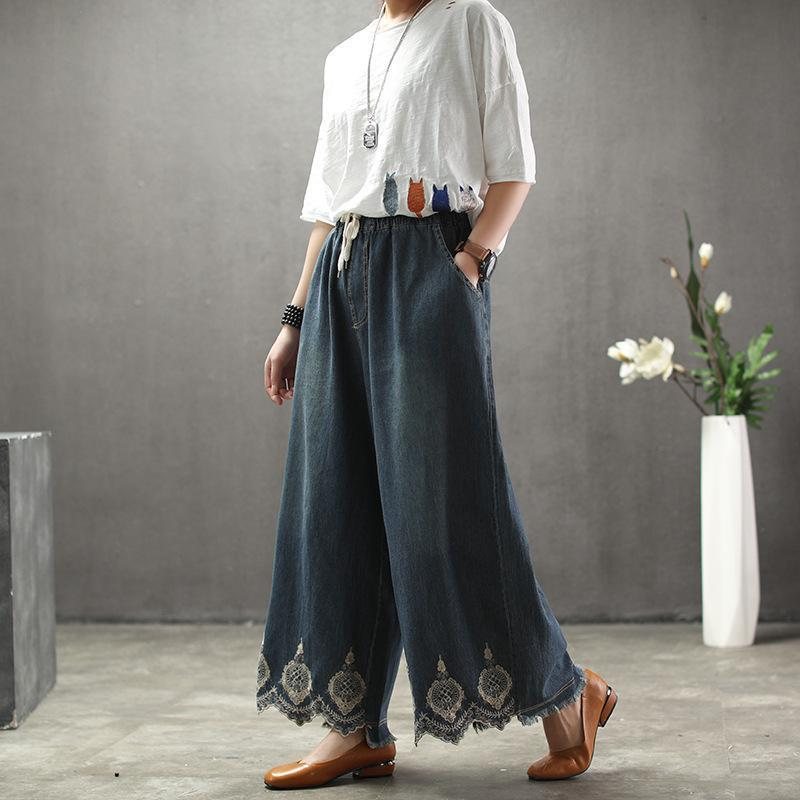 Solid Brodery Sand Wash Wide Leg Bukser