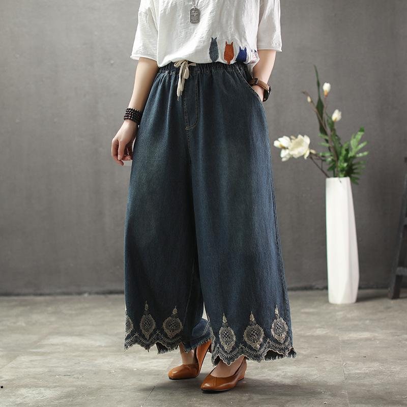 Solid Brodery Sand Wash Wide Leg Bukser