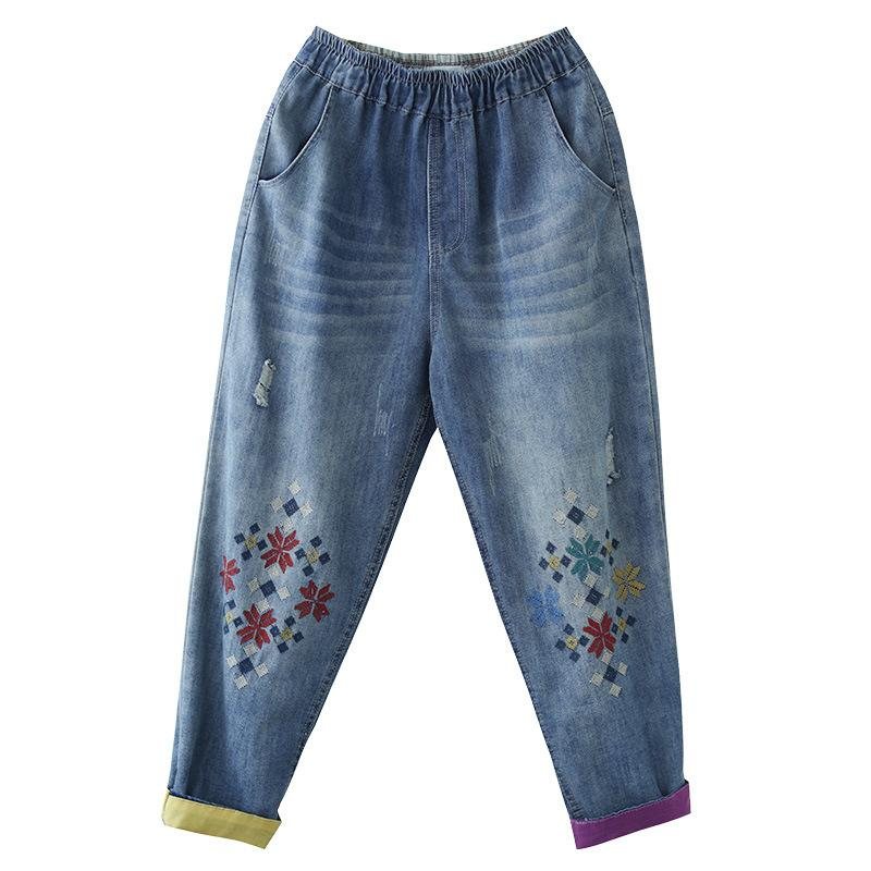 Sommer Retro Denim Broderi Harem Bukser