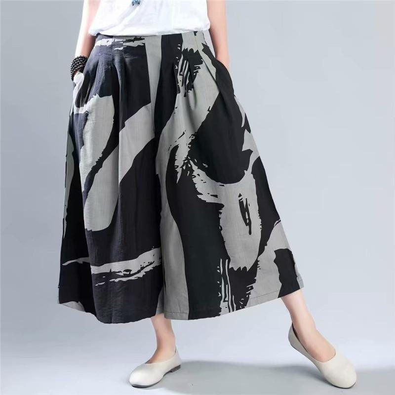 Sommer Vår Lin Print Vintage Wide Leg Bukser