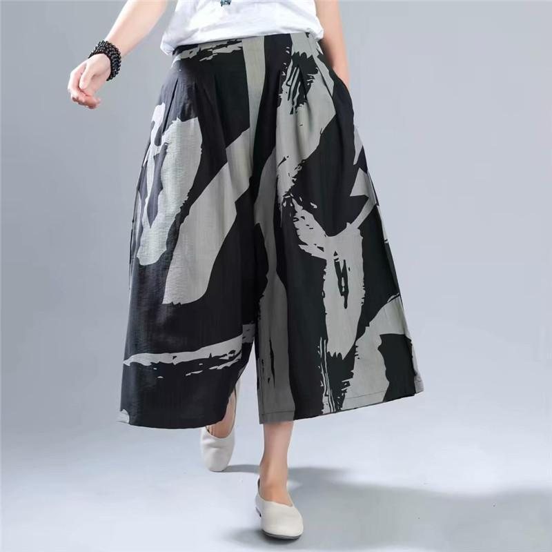 Sommer Vår Lin Print Vintage Wide Leg Bukser