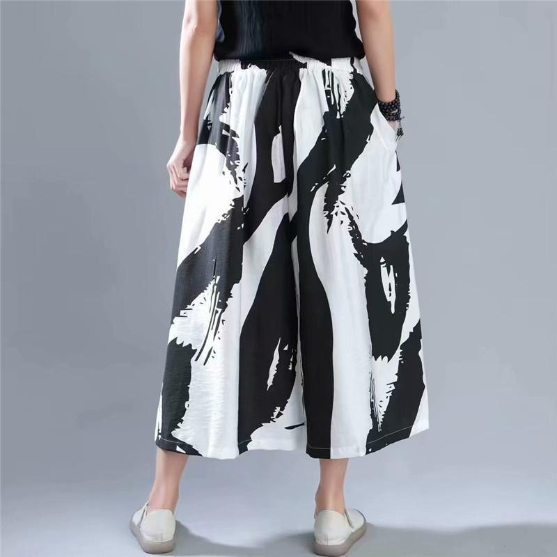 Sommer Vår Lin Print Vintage Wide Leg Bukser