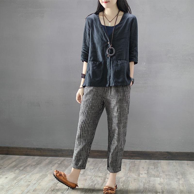 Striped Casual Cropped Lin Harem Pants S-5xl