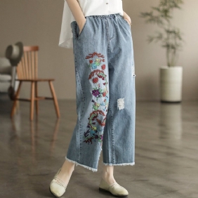 Summer Retro Floral Brodery Cotton Jeans Med Vidde Ben