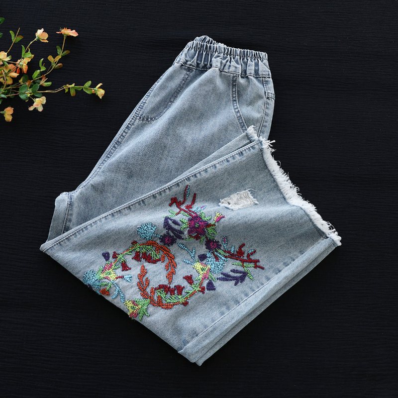 Summer Retro Floral Brodery Cotton Jeans Med Vidde Ben