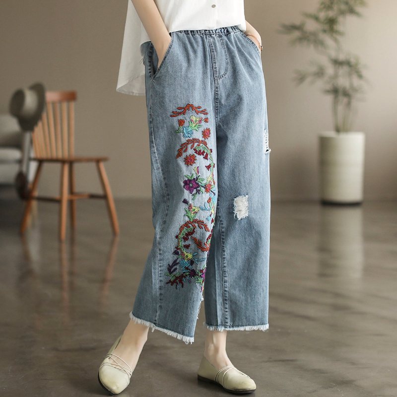 Summer Retro Floral Brodery Cotton Jeans Med Vidde Ben