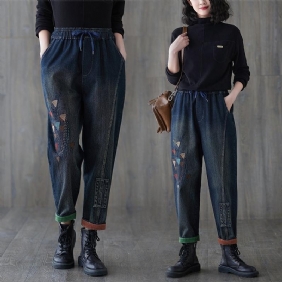 Vår Høst Retro Casual Broderi Bomullsjeans