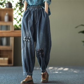 Vår Kvinner Retro Broderi Løse Bomullsjeans