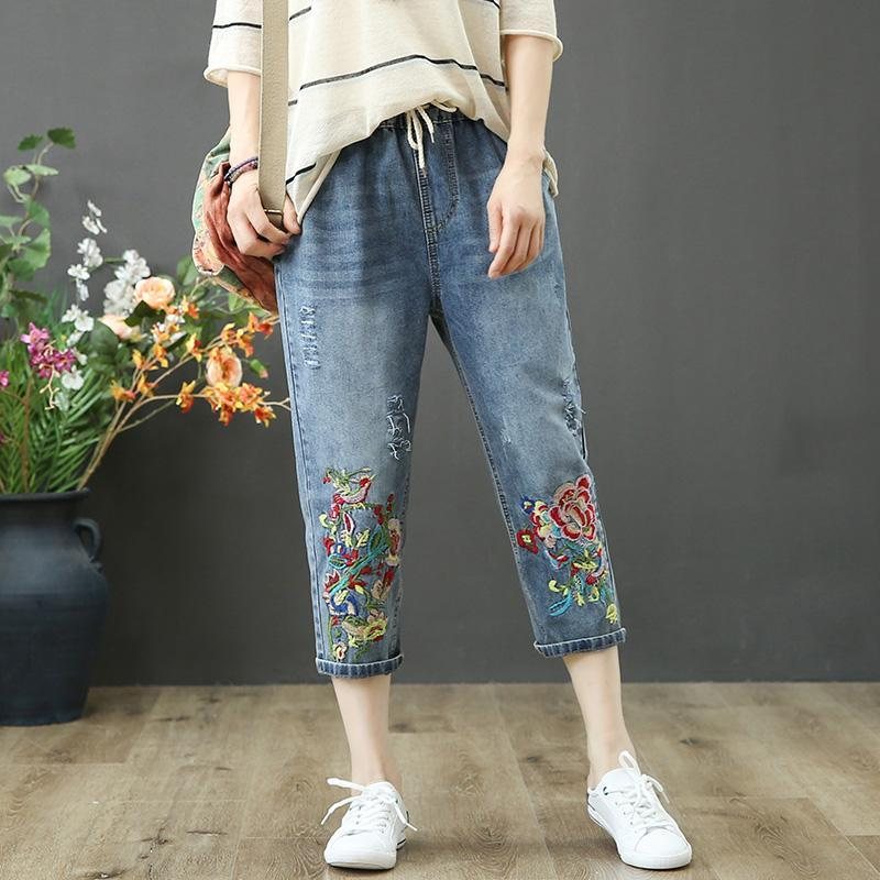 Vår Sommer Broderi Retro Løse Jeans