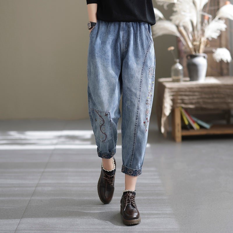 Våren Casual Løs Retro Spleising Broderi Harem Jeans