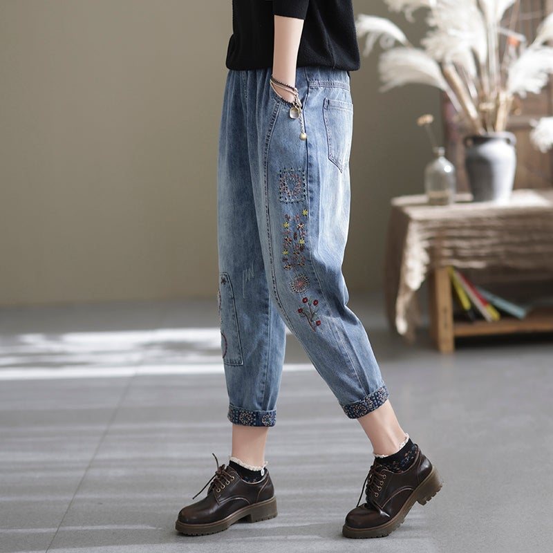 Våren Casual Løs Retro Spleising Broderi Harem Jeans