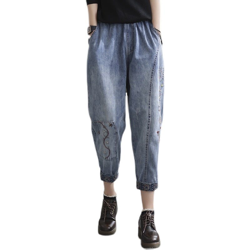 Våren Casual Løs Retro Spleising Broderi Harem Jeans