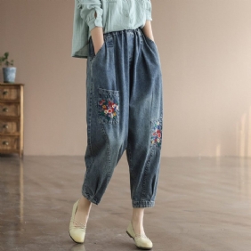 Våren Retro Blomsterbroderi Harem Jeans