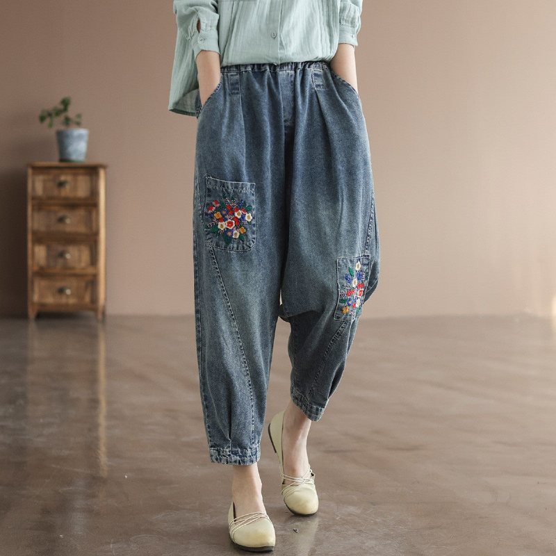 Våren Retro Blomsterbroderi Harem Jeans