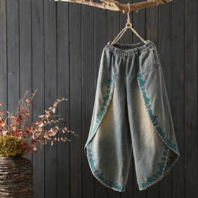 Vintage Brodert Løs Denim Bukser Med Vidde Ben