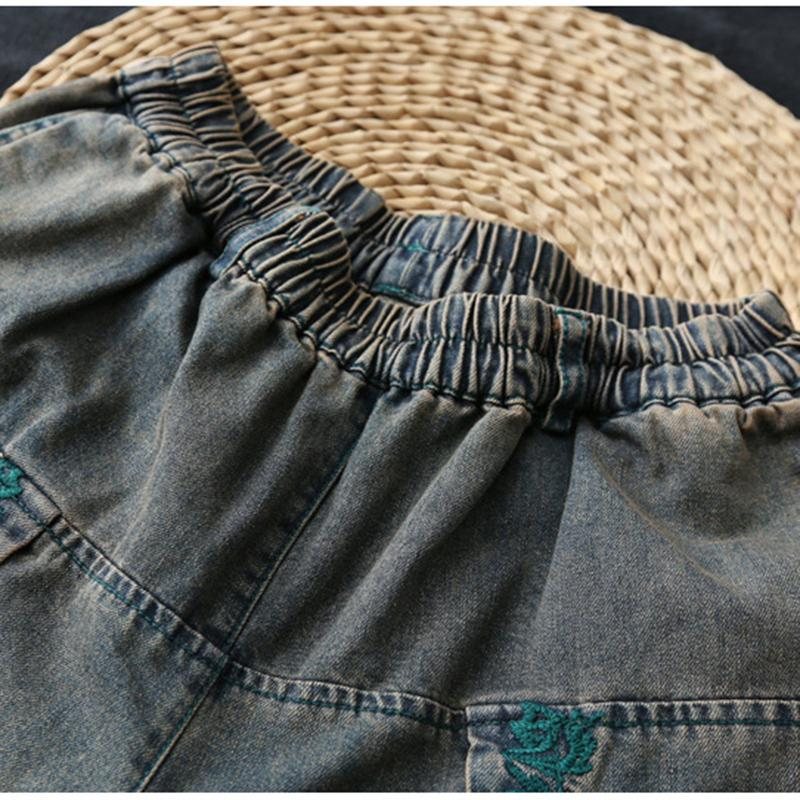 Vintage Brodert Løs Denim Bukser Med Vidde Ben