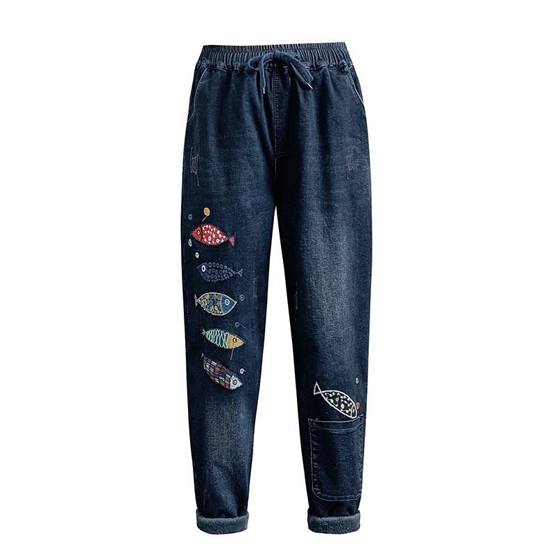 Vinter Dame Plysj Retro Broderi Casual Jeans