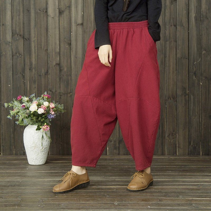 Vinter Retro Bomull Lin Casual Velvet Thickening Harem Pants