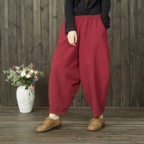 Vinter Retro Bomull Lin Casual Velvet Thickening Harem Pants