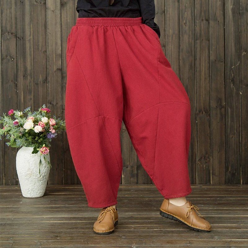 Vinter Retro Bomull Lin Casual Velvet Thickening Harem Pants