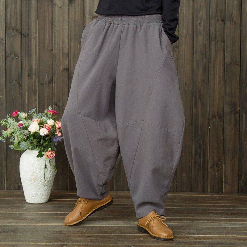 Vinter Retro Bomull Lin Casual Velvet Thickening Harem Pants