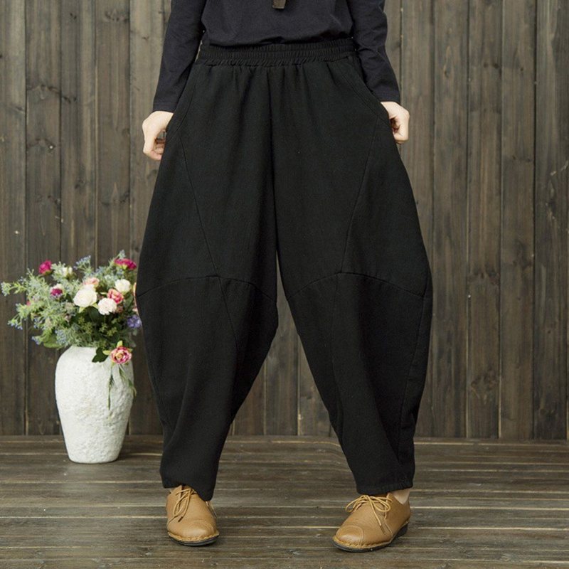 Vinter Retro Bomull Lin Casual Velvet Thickening Harem Pants