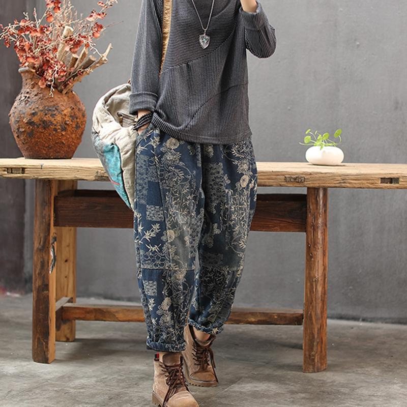 Vinterplysj Retro Printed Denim Harem Pants